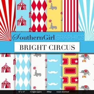 Bright circus digital paper: "BRIGHT CIRCUS" carnival patterns with elephants, seals, diamonds, circus tents, mustaches in blue, red, yellow