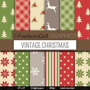 Vintage Christmas Digital Paper - "CLASSIC CHRISTMAS" with christmas holly, snowlfake, reindeer, poinsettia, digital patterns for cards