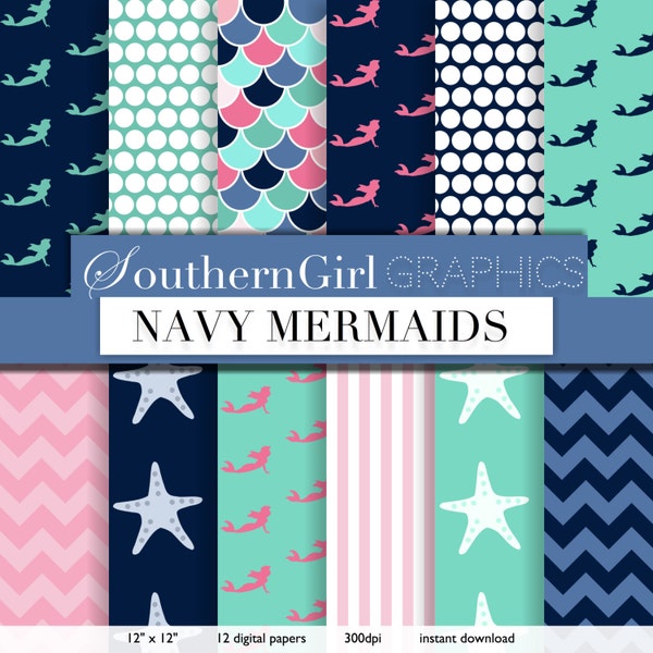 Navy Mermaid digital paper: "NAVY MERMAIDS" in navy, aqua, pink with mermaids, starfish, chevron, dots, stripes, scales digital download