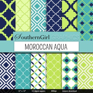 Moroccan Aqua Digital Paper - "MOROCCAN AQUA" with turquoise, aqua, navy, green, quatrefoil digital patterns for scrapbooking, cards