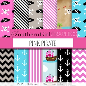 Pink Pirate Digital Paper: "PINK PIRATE" with pink pirate hats, anchors, stripes, pirate ships, treasure map digital patterns for download