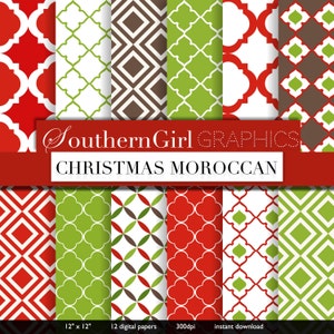 Christmas Moroccan Digital Paper - "CHRISTMAS MOROCCAN"  with red, green, cream, brown quatrefoil, trellis, diamond designs for crafts, card