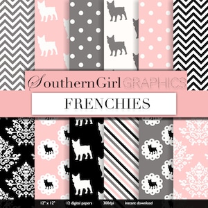 French bull dog digital paper: &quot;FRENCHIES&quot; with pink, gray, black, cream, and white dog, pin dot, retro digital patterns for crafts