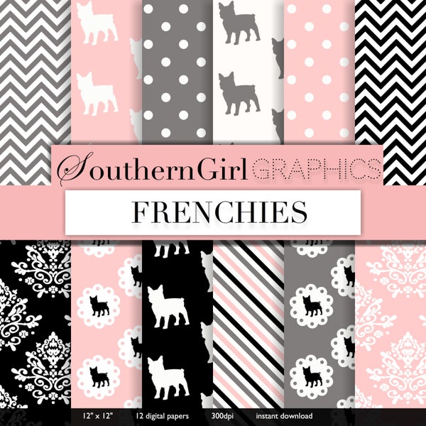 French bull dog digital paper: "FRENCHIES" with pink, gray, black, cream, and white dog, pin dot, retro digital patterns for crafts