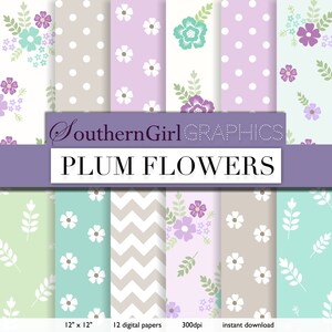 Purple flower digital paper: &quot;PLUM FLOWERS&quot; with aqua, lavender, plum, green, and taupe digital floral designs for scrapbooking, invites