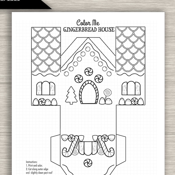 Paper house Gingerbread House printable - "GINGERBREAD COLORING" kids Christmas craft, gingerbread house craft, elf activities, cut fold