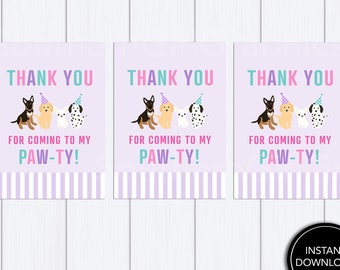 May include: Three lavender cards with the text "THANK YOU" in pink and teal. Below, the text "FOR COMING TO MY PAW-TY!" is written. Each card features illustrations of dogs wearing party hats. A black circle with "INSTANT DOWNLOAD" is in the bottom right.
