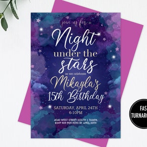 Night Under the Stars Invitation Printable: "STARS INVITE" galaxy birthday invite, movie under the stars, sweet 16 birthday, 15 birthday