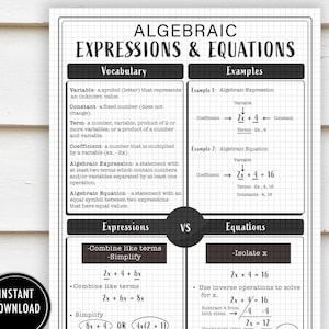 Puede incluir: Un póster educativo imprimible en blanco y negro con el título "Expresiones algebraicas y ecuaciones". El póster define términos de vocabulario como variable, constante, término y coeficiente. También explica la diferencia entre expresiones y ecuaciones y proporciona ejemplos de cada una. El póster mide 21,6 cm por 27,9 cm.