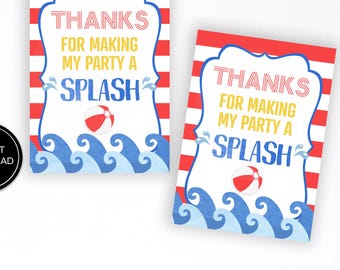 Red, Blue, Yellow Pool Party Favor Tag Printable: "POOL FAVOR TAG" waterslide favor tag, splash favor tag, treat tags, water party download