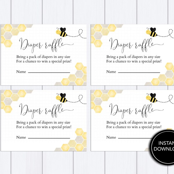 Modern Bee Diaper Raffle Card Printable: "DIAPER RAFFLE" honeycomb, babee shower, diaper raffle, game, honeybee, baby shower, cards