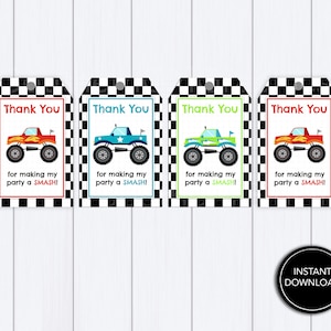 Monster Truck Favor Tag Printable Digital Download: &quot;MONSTER TRUCK&quot; favor tags with racing stripe, red, green, blue printable thank you tags
