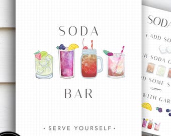 Soda Bar Sign Printable: "SODA BAR" watercolor, cola, make your own, signage, soda station, diner birthday