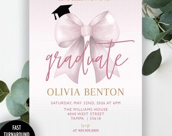 Pink Bow Graduation Party Invitation: Girly, pink, boy grad party invite, gold (Digital File)