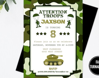 Military Birthday Invitation Printable: "CAMO INVITATION" camouflage birthday, army men party, tank, birthday, party, invite download