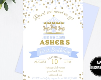 Carousel Birthday Invitation Printable: "CAROUSEL INVITATION" boy first birthday, carousel, gold, confetti, merry go round, download