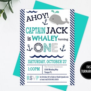 Whale Birthday Invitation Printable: &quot;WHALE INVITATION&quot;  whale first birthday, whale party, whale party supplies, nautical, ocean invitation