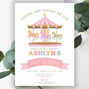 Rainbow Carousel First Birthday Invitation Printable (Digital File) | girl first birthday | pastel rainbow | whimsical birthday