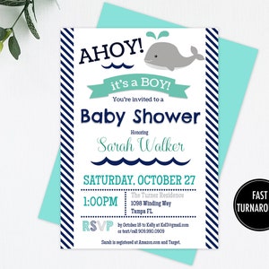 Whale Baby Shower Invitation Download: whale baby shower, whale invitation, navy whale, boy, ahoy its a boy, whale party supplies, printable