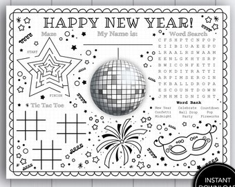 Noon Years Eve Printable Placemat - "NEW YEARS PLACEMAT" kids table, New Year's party, activity, coloring, word search, printable, download