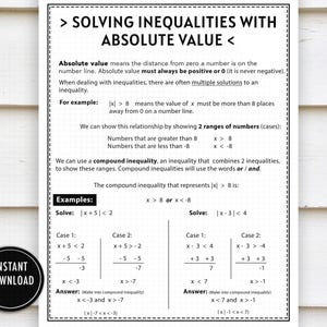 May include: A black and white educational document titled "SOLVING INEQUALITIES WITH ABSOLUTE VALUE <". The document provides examples and explanations of absolute value inequalities. A circular "INSTANT DOWNLOAD" graphic is in the lower left corner.