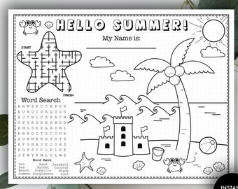 Summer Activity Printable Placemat - "SUMMER PLACEMAT" coloring, summer activities, end of school, schools out, word search, printable