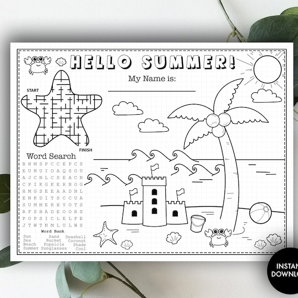 Summer Activity Printable Placemat - "SUMMER PLACEMAT" coloring, summer activities, end of school, schools out, word search, printable