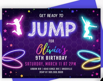 May include: A purple birthday invitation with the words "GET READY TO JUMP" in white and a neon design. The invitation is for Olivia's 9th birthday, with the date, time, and location details. A blue envelope is behind the invitation.