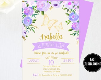 Purple Butterfly Birthday Invitation Download: "BUTTERFLY INVITATION" lavender, gold, butterfly, garden, floral, shabby, watercolor, invite