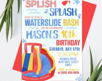 Red, Blue, Yellow Waterslide Birthday Invitation Printable: "RED WATERSLIDE INVITATION" boy bounce house, summer birthday, pool party