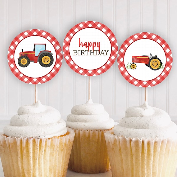 Red Tractor Cupcake Toppers Printable: red tractor, cupcake toppers, tractor birthday, farm birthday, our little deere, party supplies