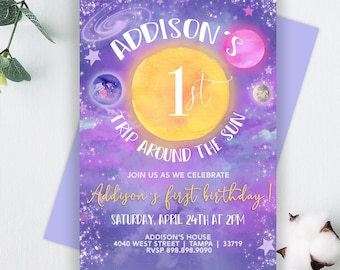 Space Birthday Invitation Printable: "SPACE INVITE" girl outer space birthday, star, first trip around the sun, pink purple, galaxy birthday