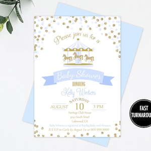 Carousel Baby Shower Invitation Digital File: &quot;CAROUSEL INVITATION&quot; blue, baby shower, boy, gold, confetti, glitter, invite, party supplies