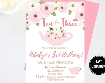 Tea Party Invitation Digital File: "TEA THREE INVITATION" tea for three, pink, rose, watercolor, tea party supplies printable invite