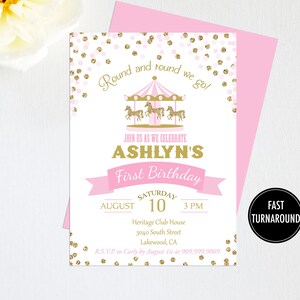 Pink Carousel Confetti Invitation Digital File: "CAROUSEL INVITATION" pink, baby girl, first birthday, glitter, merry go round invitation
