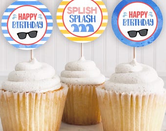 Pool Party Cupcake Toppers, Blue and Red Water Slide Birthday Decor, Instant Download Printable, Summer Splash Party, Boys Water Park Theme