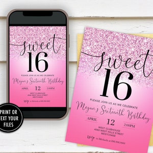 Sweet 16 Birthday Invitation Printable: "SWEET 16 GLITTER" pink glitter, luxury birthday, 16th birthday, sweet 16 party supplies