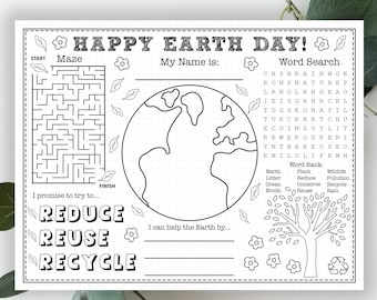 Earth Day Activity Placemat – Maze, Word Search Coloring (Printable)