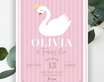 Swan First Birthday Invitation: Pink Stripes, Princess Crown (Digital Download)