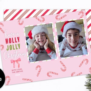 Candy Cane Christmas Card Printable: "CANDY CANE PHOTO" pink and red, family, 2 photos, christmas card, holiday card, candy canes
