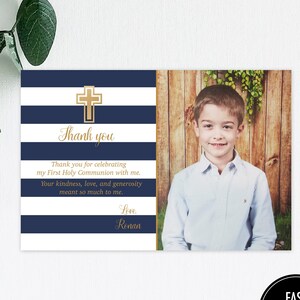 First Communion Thank You Card Printable: "FIRST COMMUNION" photo thank you, navy, striped, first communion, thanks, download