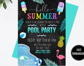 Schools Out Pool Party Invitation Printable: "WATER PARTY INVITATION" schools out for summer, pool party, start of summer, pool party bash