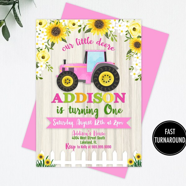 Pink Tractor Invitation Printable: our little deere, girl tractor birthday, floral farm, farm birthday, first birthday, fall birthday invite