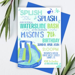 Waterslide Birthday Invitation Printable: "BLUE WATERSLIDE INVITATION" boy waterslide bounce house, summer birthday, pool party download