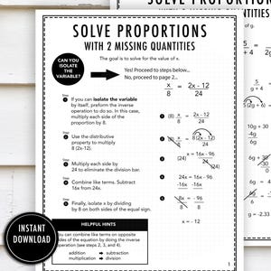 Könnte beinhalten: Zweiseitiges, druckbares Mathe-Arbeitsblatt mit dem Titel "Löse Proportionen mit 2 fehlenden Größen". Die erste Seite beschreibt die Schritte zur Lösung nach x, einschließlich hilfreicher Tipps. Die zweite Seite zeigt ein Beispiel für die Lösung nach g. Der Text "Sofort-Download" ist enthalten.
