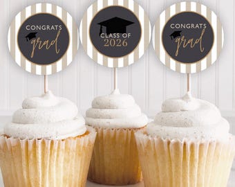 Mocha Stripe Graduation Cupcake Toppers: "GRAD CUPCAKE TOPPER" printable graduation cupcake topper, printable, download