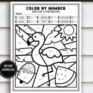 Color by Number Math Practice - "COLOR BY NUMBER" - summer, kindergarten, addition, subtraction, flamingo
