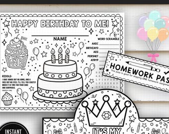 Student Birthday Printables Bundle - birthday placemat, birthday crown, homework pass, elementary