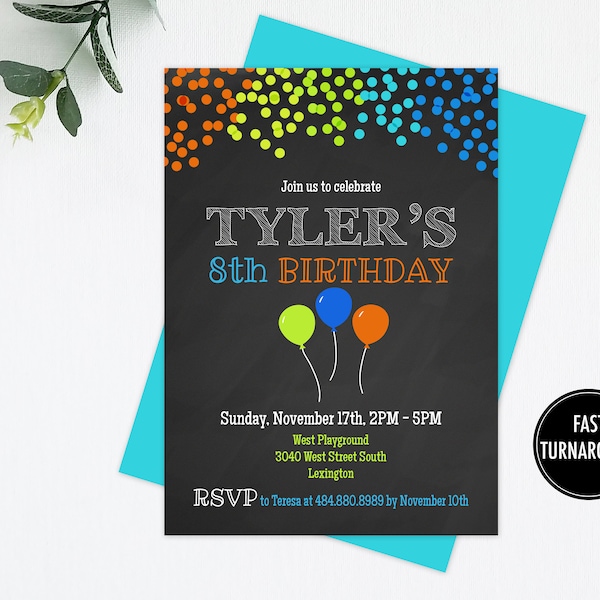 Generic Birthday Invitation Printable: "GENERIC BIRTHDAY" boy birthday, balloons, confetti, invite, party supplies, printable, download