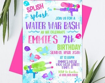 Water War Birthday Invitation: Pink, Splish Splash (Digital File)